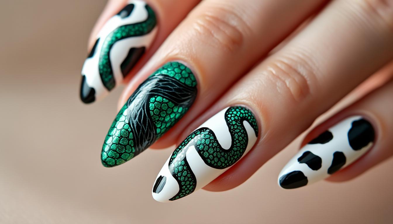 découvrez des motifs de nail art animaliers uniques avec des designs serpent et vache pour un style audacieux et tendance.