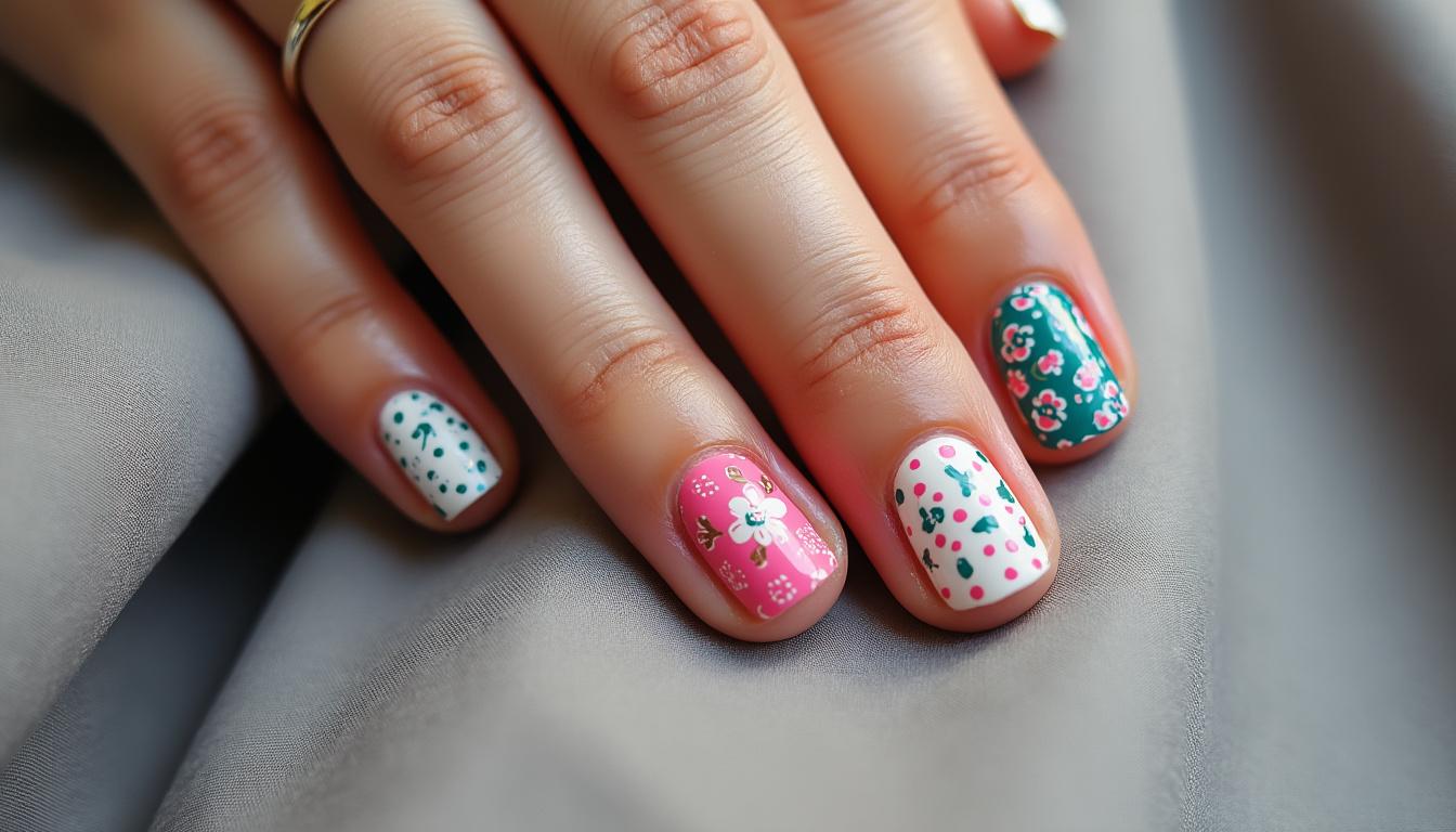 découvrez le style unique des ongles « mismatch » avec un design différent sur chaque doigt, pour une manucure originale et personnalisée.