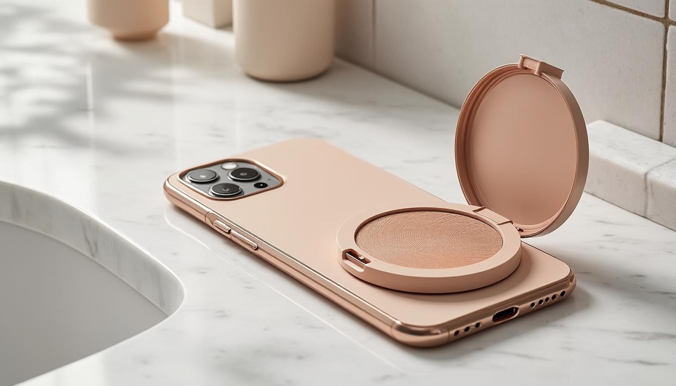 découvrez la mini-poudre huda beauty, inspirée de rhode, conçue pour être appliquée directement sur votre téléphone pour une retouche maquillage pratique et innovante.